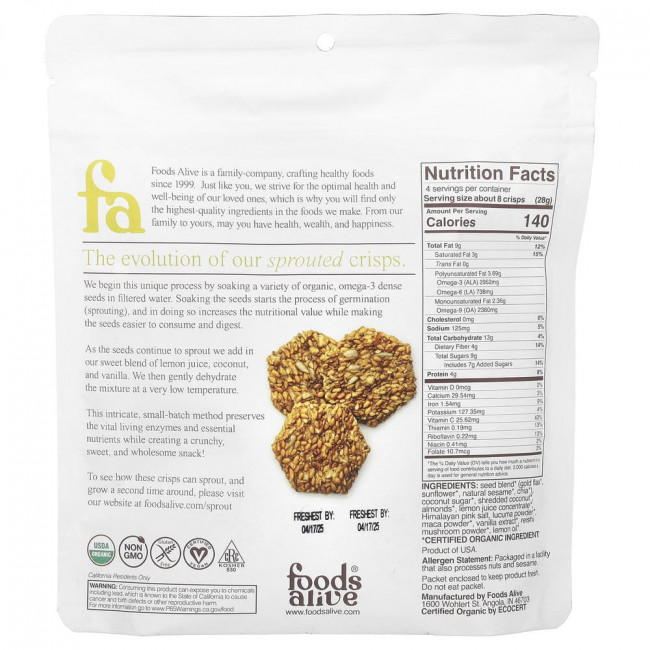 Foods Alive, пророщенные хрустящие чипсы со вкусом лимона, 113 г (4 унции) Foods Alive, пророщенные хрустящие чипсы со вкусом лимона, 113 г (4 унции)