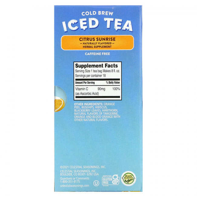 Celestial Seasonings, Холодный чай со льдом, Citrus Sunrise, без кофеина, 18 чайных пакетиков, 35 г (1,2 унции) Celestial Seasonings, Холодный чай со льдом, Citrus Sunrise, без кофеина, 18 чайных пакетиков, 35 г (1,2 унции)