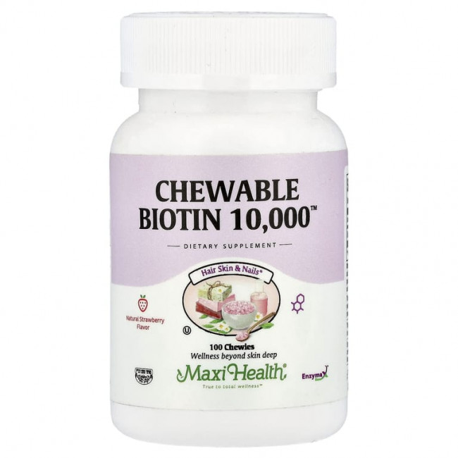 Maxi Health, Жевательные таблетки с биотином 10 000 ™, натуральная клубника, 10 000 мкг, 100 жевательных таблеток Maxi Health, Жевательные таблетки с биотином 10 000 ™, натуральная клубника, 10 000 мкг, 100 жевательных таблеток