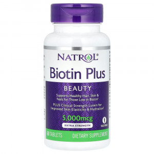 Natrol, Biotin Plus, повышенная эффективность, 5000 мкг, 60 таблеток Natrol, Biotin Plus, повышенная эффективность, 5000 мкг, 60 таблеток