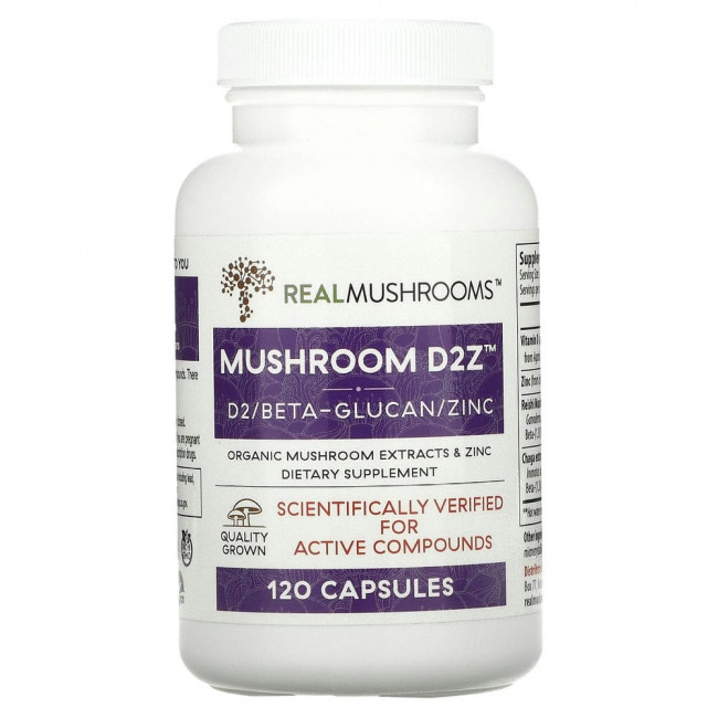 Real Mushrooms, Mushroom D2Z, D2 / бета-глюкан / цинк, 120 капсул Real Mushrooms, Mushroom D2Z, D2 / бета-глюкан / цинк, 120 капсул