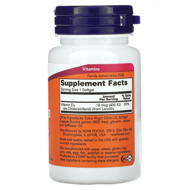 NOW Foods, витамин D3, структурная поддержка, 10 мкг (400 МЕ), 180 мягких таблеток