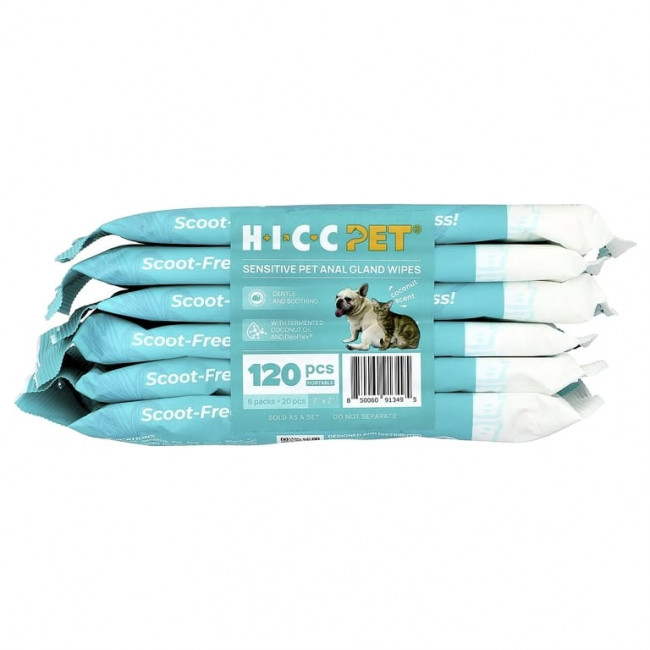 HICC Pet, чувствительные салфетки для анальной железы, для собак и кошек, с кокосом, 6 упаковок по 20 салфеток HICC Pet, чувствительные салфетки для анальной железы, для собак и кошек, с кокосом, 6 упаковок по 20 салфеток