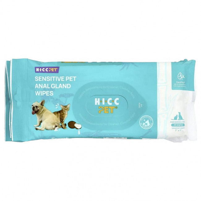HICC Pet, чувствительные салфетки для анальной железы, для собак и кошек, с кокосом, 6 упаковок по 20 салфеток HICC Pet, чувствительные салфетки для анальной железы, для собак и кошек, с кокосом, 6 упаковок по 20 салфеток