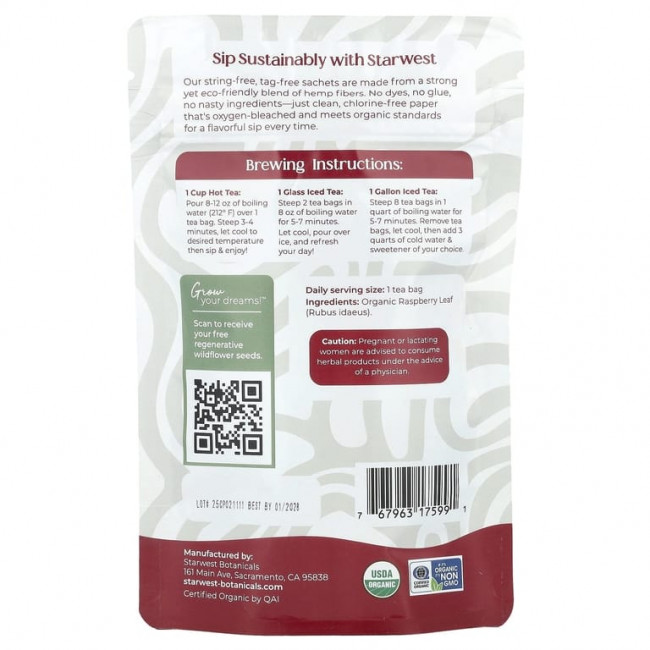 Starwest Botanicals, Органический чай из листьев малины, 20 чайных пакетиков, 30 г (1,04 унции) Starwest Botanicals, Органический чай из листьев малины, 20 чайных пакетиков, 30 г (1,04 унции)