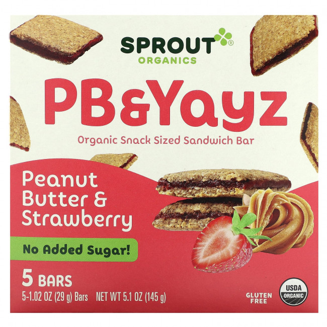 Sprout Organics, PB & Yayz, органический сэндвич-батончик для снеков, с арахисовым маслом и клубникой, 5 батончиков, 29 г (1,02 унции) Sprout Organics, PB & Yayz, органический сэндвич-батончик для снеков, с арахисовым маслом и клубникой, 5 батончиков, 29 г (1,02 унции)