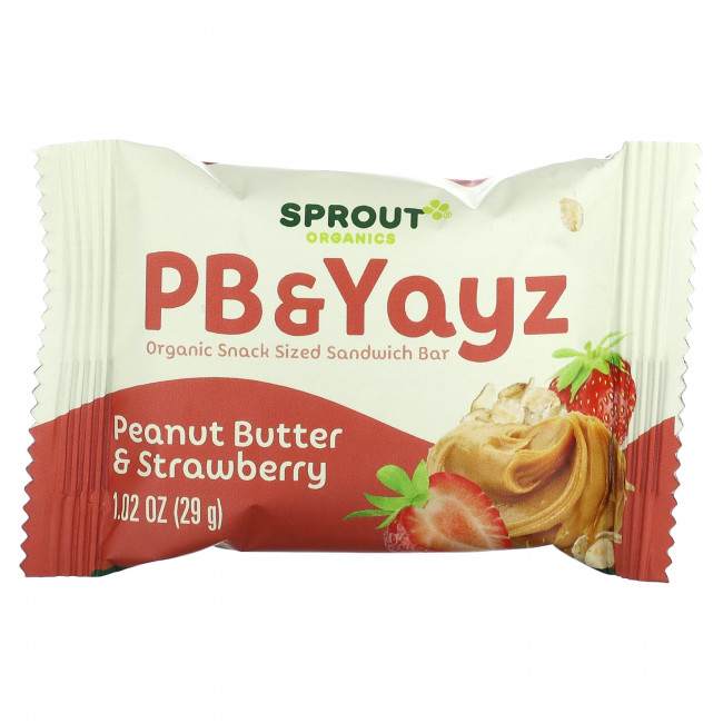 Sprout Organics, PB & Yayz, органический сэндвич-батончик для снеков, с арахисовым маслом и клубникой, 5 батончиков, 29 г (1,02 унции) Sprout Organics, PB & Yayz, органический сэндвич-батончик для снеков, с арахисовым маслом и клубникой, 5 батончиков, 29 г (1,02 унции)