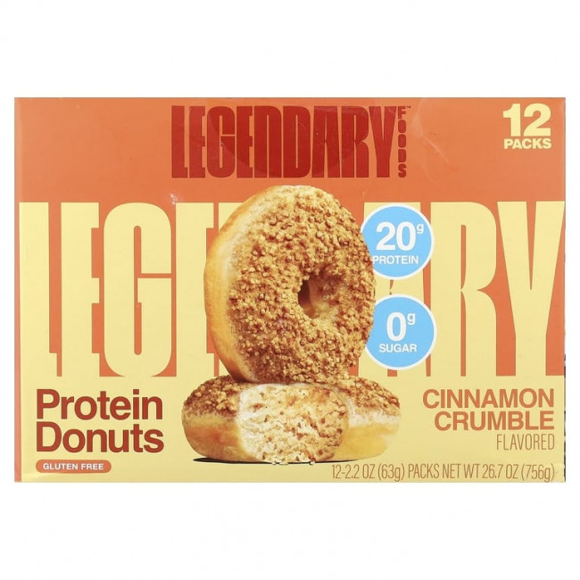 Legendary Foods, протеиновые пончики, корица и крамбл, 12 упаковок по 63 г (2,2 унции)