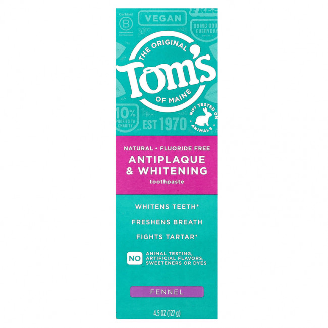 Tom's of Maine, отбеливающая зубная паста против зубного налета, без фтора, фенхель, 127 г (4,5 унции) Tom's of Maine, отбеливающая зубная паста против зубного налета, без фтора, фенхель, 127 г (4,5 унции)