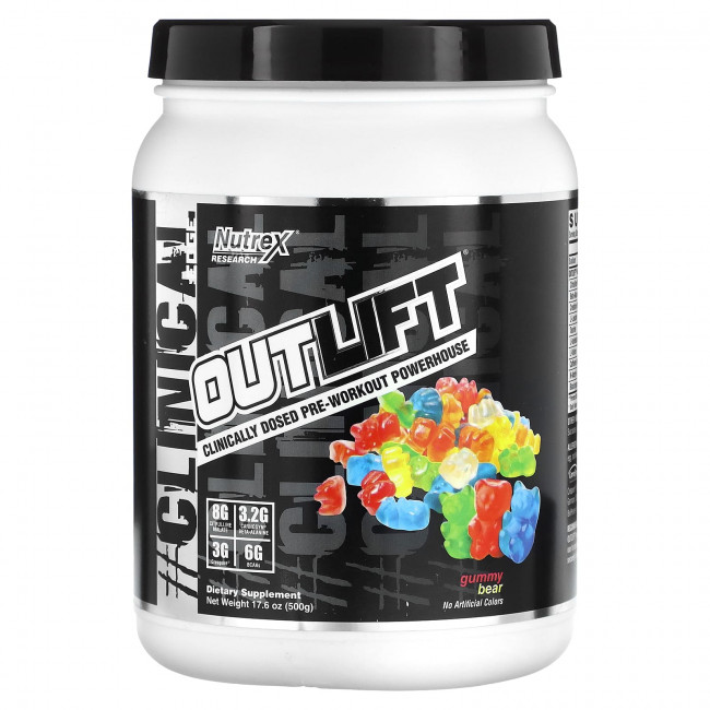 Nutrex Research, Outlift, клинически дозированный предтренировочный комплекс, жевательная резинка в виде мишки, 500 г (17,6 унции) Nutrex Research, Outlift, клинически дозированный предтренировочный комплекс, жевательная резинка в виде мишки, 500 г (17,6 унции)