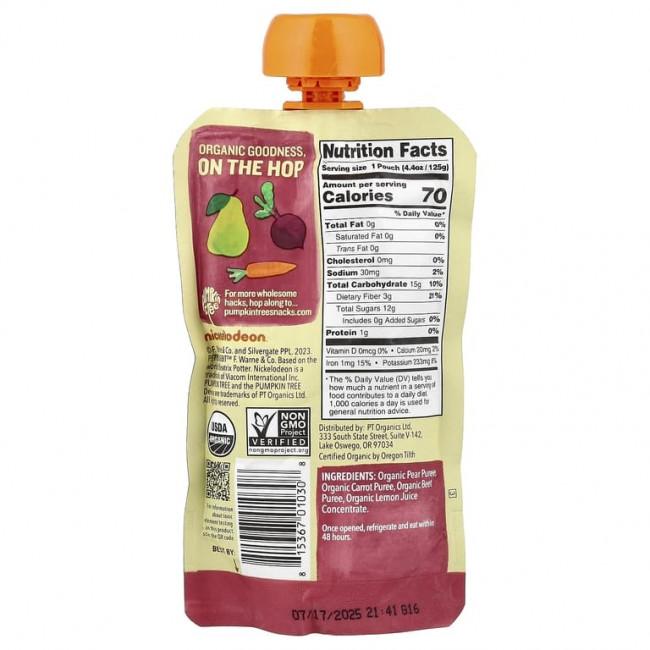 Pumpkin Tree Organics, Peter Rabbit™ Organics, пюре из органических фруктов и овощей, груша, морковь и свекла, 125 г (4,4 унции) Pumpkin Tree Organics, Peter Rabbit™ Organics, пюре из органических фруктов и овощей, груша, морковь и свекла, 125 г (4,4 унции)