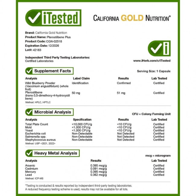 California Gold Nutrition, птеростильбен плюс с порошком из лесной голубики, 60 растительных капсул California Gold Nutrition, птеростильбен плюс с порошком из лесной голубики, 60 растительных капсул