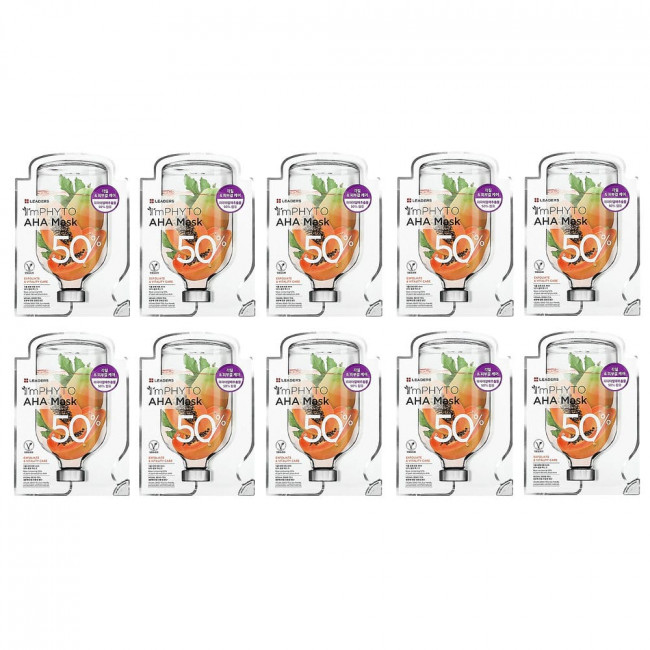 Leaders, I'mPhyto AHA Beauty Mask, 10 Sheets, 0.77 fl oz (23 ml) Each