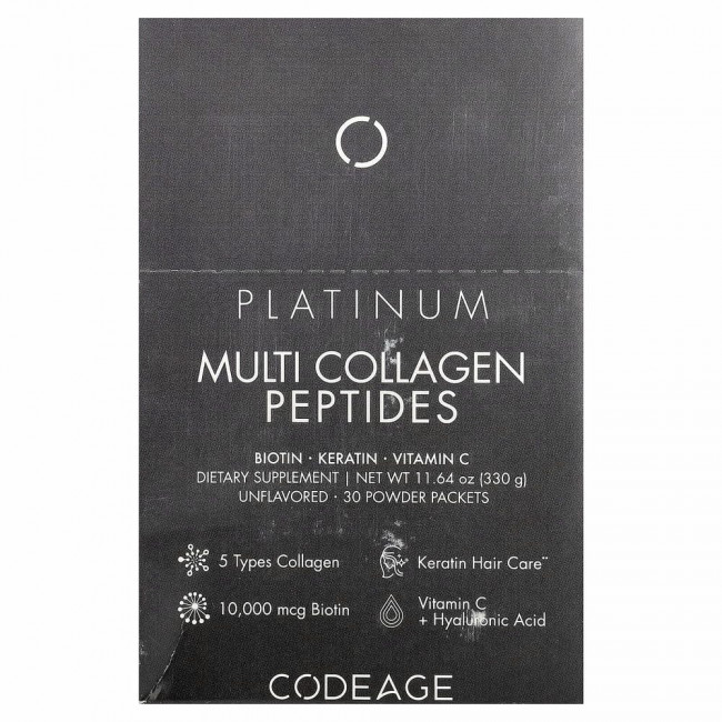 Codeage, Platinum Multi Collagen Peptides, без добавок, 30 пакетиков по 11 г (0,38 унции)