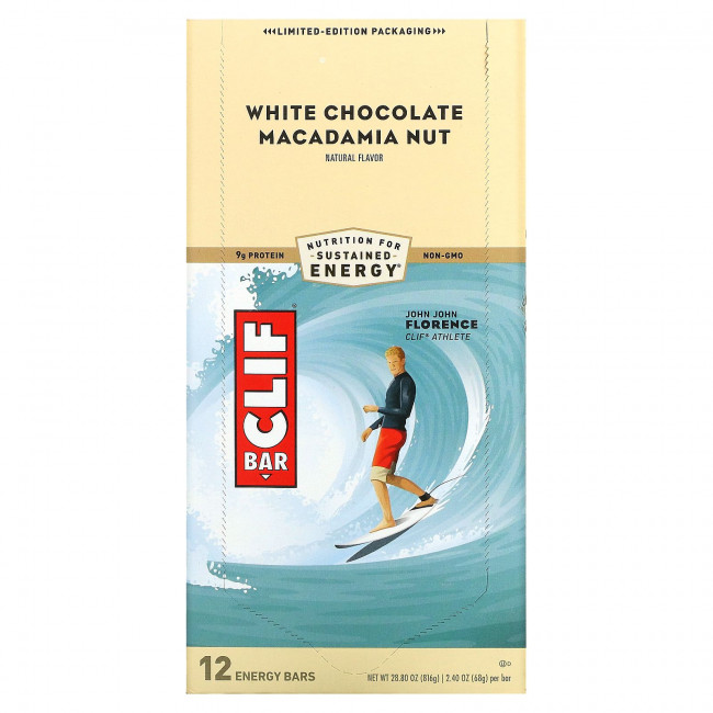 Clif Bar, Энергетический батончик с белым шоколадом и орехом макадамия, 12 батончиков, 2,40 унции (68 г) каждый Clif Bar, Энергетический батончик с белым шоколадом и орехом макадамия, 12 батончиков, 2,40 унции (68 г) каждый