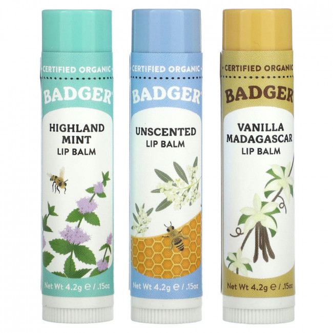 Badger Company, Holiday Lip Balm Set, Blue Box, 3 Piece Set, 0.15 oz (4.2 g) Each