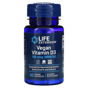 Life Extension, Веганский витамин D3, 125 мкг (5000 МЕ), 60 веганских капсул Life Extension, Веганский витамин D3, 125 мкг (5000 МЕ), 60 веганских капсул