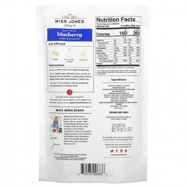 Miss Jones Baking Co, Смесь для маффинов из 100% цельного зерна и черники, 300 г (10,57 унции)