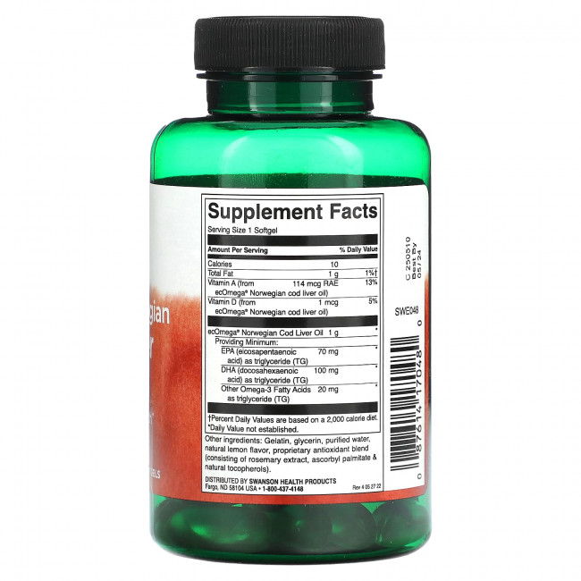 Swanson, Безупречный жир печени норвежской трески, 1 г, 60 мягких таблеток Swanson, Безупречный жир печени норвежской трески, 1 г, 60 мягких таблеток