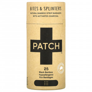 Patch, Бинты в полоску из натурального бамбука с активированным углем, от укусов и заноз, черные, 25 эко-бинтов