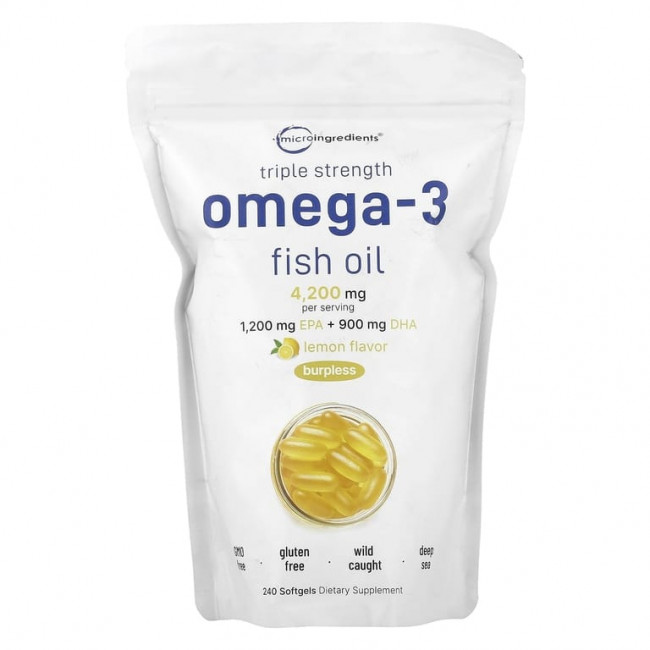 Micro Ingredients, рыбий жир с омега-3, тройная сила, лимон, 240 капсул (1400 мг в 1 капсуле) Micro Ingredients, рыбий жир с омега-3, тройная сила, лимон, 240 капсул (1400 мг в 1 капсуле)