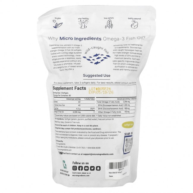 Micro Ingredients, рыбий жир с омега-3, тройная сила, лимон, 240 капсул (1400 мг в 1 капсуле) Micro Ingredients, рыбий жир с омега-3, тройная сила, лимон, 240 капсул (1400 мг в 1 капсуле)