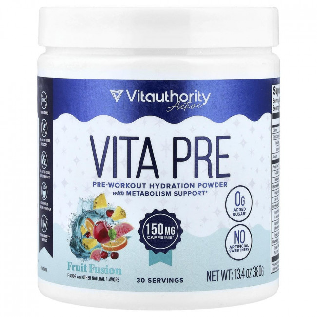 Vitauthority, Active, Vita Pre, предтренировочный увлажняющий порошок, фруктовый вкус, 380 г (13,4 унции) Vitauthority, Active, Vita Pre, предтренировочный увлажняющий порошок, фруктовый вкус, 380 г (13,4 унции)