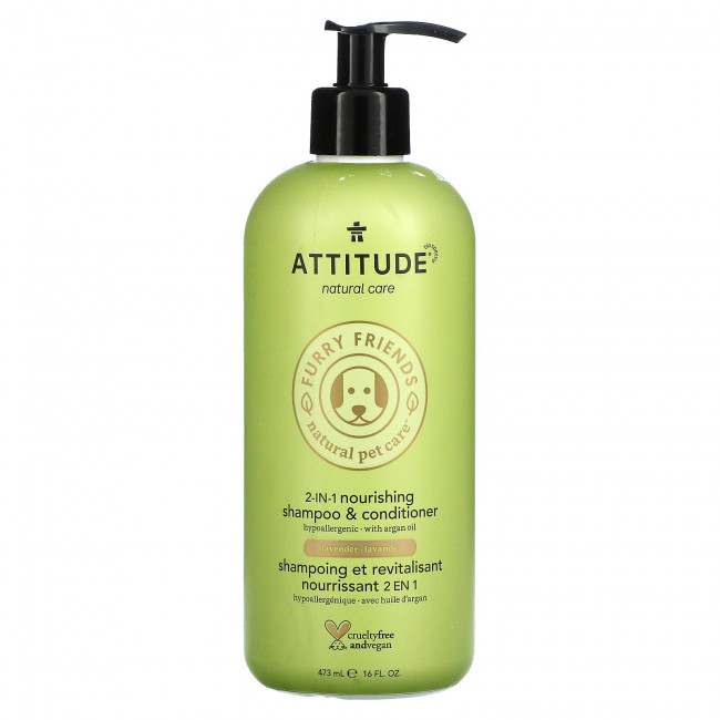 ATTITUDE, Furry Friends Natural Pet Care, питательный шампунь и кондиционер 2 в 1, лаванда, 473 мл (16 жидк. Унций)