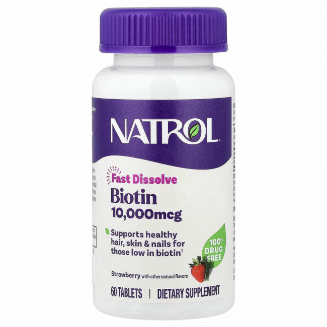 Natrol, Биотин, максимальная эффективность, клубника, 10 000 мкг, 60 таблеток Natrol, Биотин, максимальная эффективность, клубника, 10 000 мкг, 60 таблеток