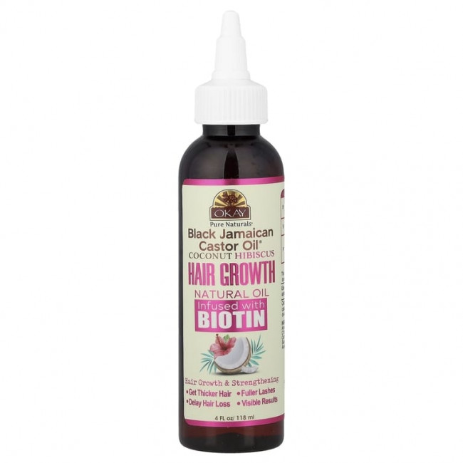 Okay Pure Naturals, Black Jamaican Castor Oil®, натуральное масло для роста волос с кокосом и гибискусом, с биотином, 118 мл (4 жидк. унции)