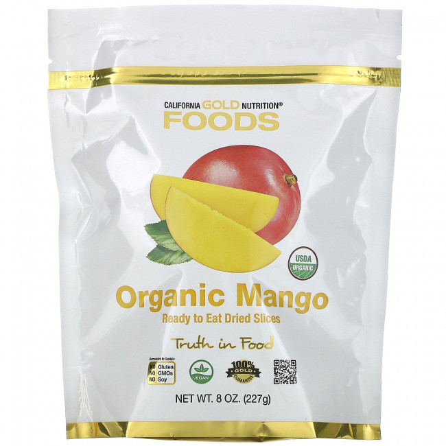 California Gold Nutrition, Органическое манго, готовые к употреблению сушеные ломтики, 8 унций (227 г) California Gold Nutrition, Органическое манго, готовые к употреблению сушеные ломтики, 8 унций (227 г)