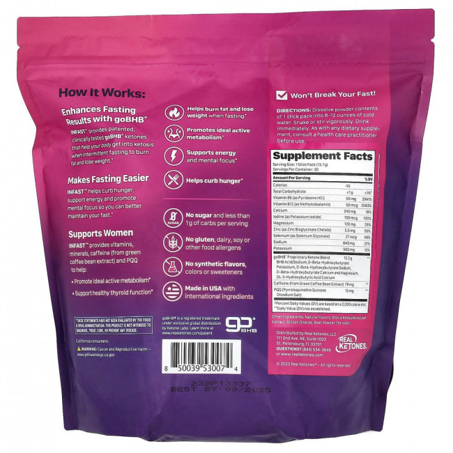 Real Ketones, INFAST, для женщин, арбуз, 30 пакетиков-стиков, 0,48 г (13,7 г) каждый (товар снят с производства)