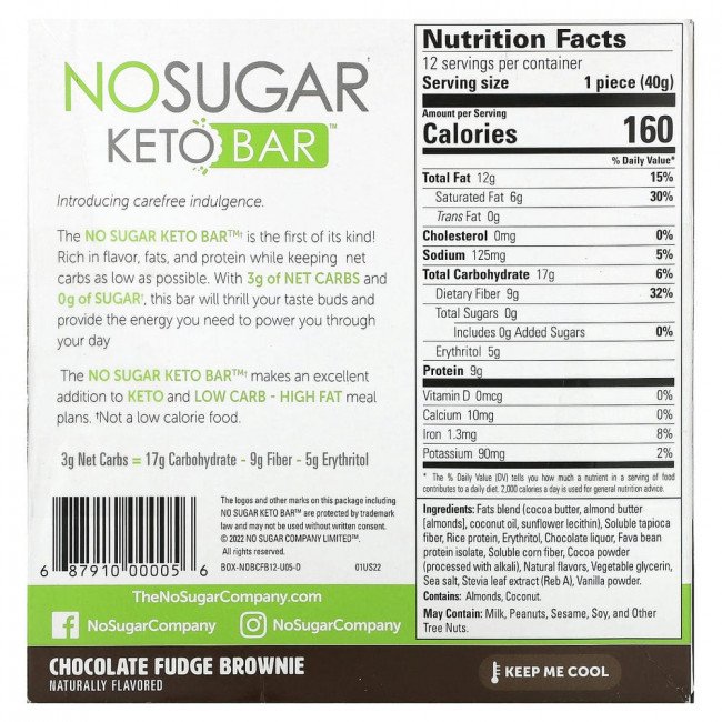 No Sugar Company, Keto Bar, Chocolate Fudge Brownie, 12 Bars, 1.41 oz (40 g) Each