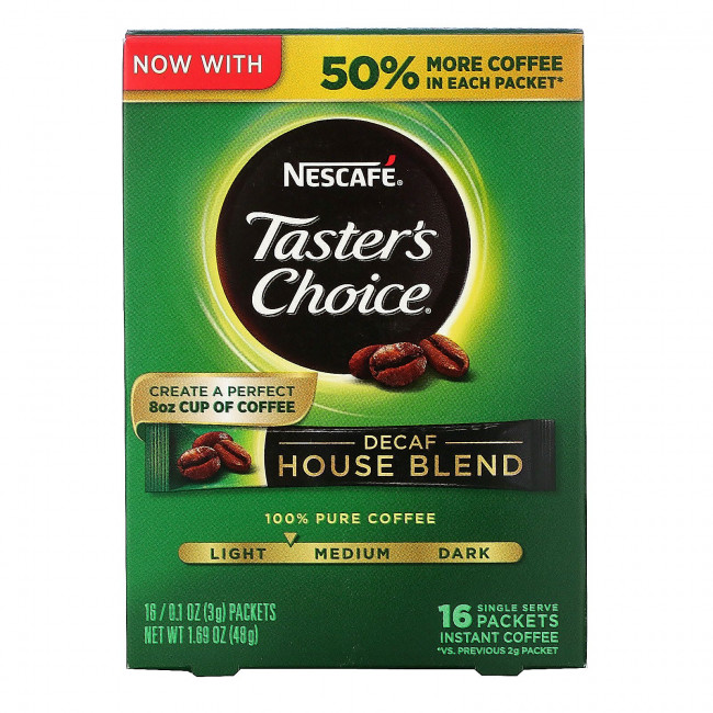 Nescaf?, Taster's Choice, растворимый кофе, домашняя смесь, легкая / средняя обжарка, без кофеина, 16 пакетиков по 3 г (0,1 унции) Nescaf?, Taster's Choice, растворимый кофе, домашняя смесь, легкая / средняя обжарка, без кофеина, 16 пакетиков по 3 г (0,1 унции)