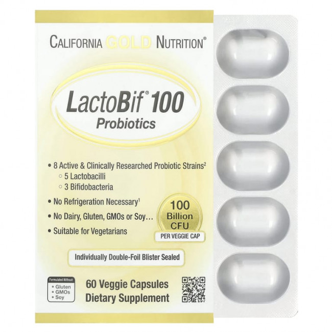 California Gold Nutrition, LactoBif® 100, пробиотики, 100 млрд КОЕ, 60 растительных капсул California Gold Nutrition, LactoBif® 100, пробиотики, 100 млрд КОЕ, 60 растительных капсул
