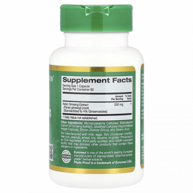 California Gold Nutrition, EuroHerbs, экстракт женьшеня азиатского, 250 мг, 60 растительных капсул California Gold Nutrition, EuroHerbs, экстракт женьшеня азиатского, 250 мг, 60 растительных капсул
