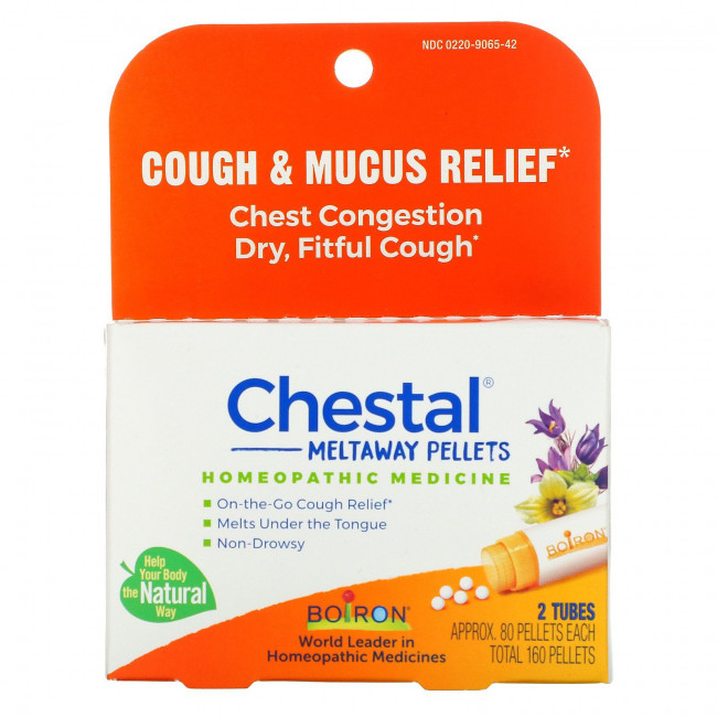 Boiron, Chestal Meltaway Pellets, Cough & Mucus Relief, 2 Tubes, Approx 80 Pellets Each Boiron, Chestal Meltaway Pellets, Cough & Mucus Relief, 2 Tubes, Approx 80 Pellets Each
