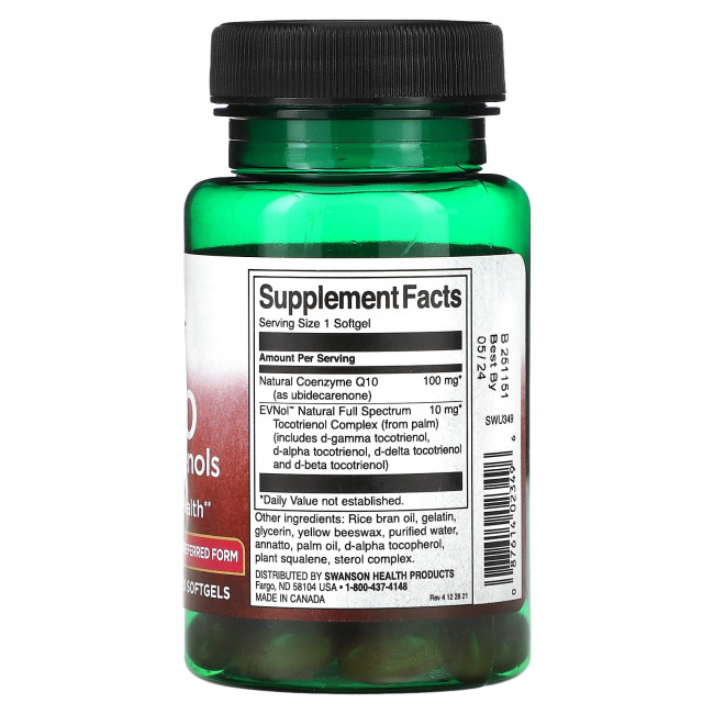 Swanson, Коэнзим Q10 с токотриенолами, 100 мг, 60 мягких таблеток Swanson, Коэнзим Q10 с токотриенолами, 100 мг, 60 мягких таблеток