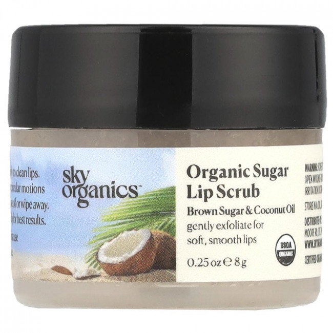 Sky Organics, Органический сахарный скраб для губ, коричневый сахар и кокосовое масло, 8 г (0,25 унции)