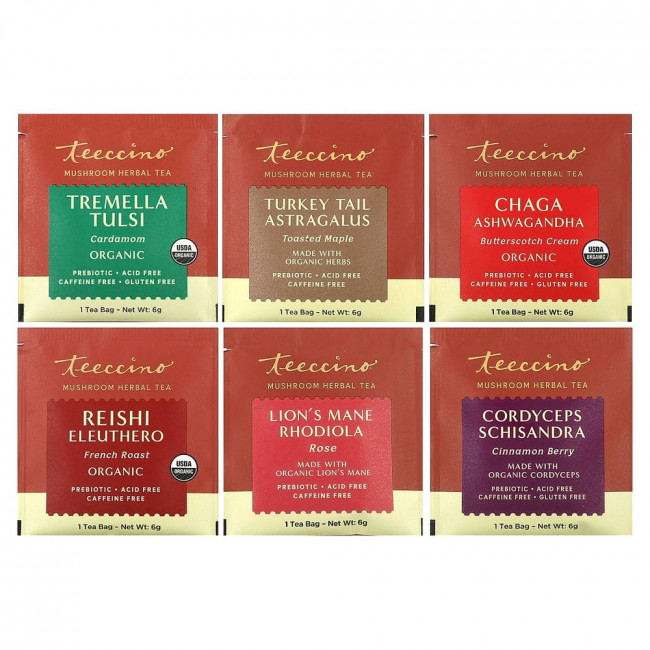 Teeccino, Пробники травяного чая с грибами, 6 вкусов, без кофеина, 12 чайных пакетиков, 72 г (2,54 унции)