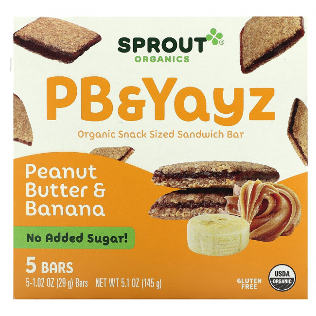 Sprout Organics, PB & Yayz, органический сэндвич-батончик для снеков, арахисовое масло и банан, 5 батончиков, 29 г (1,02 унции) Sprout Organics, PB & Yayz, органический сэндвич-батончик для снеков, арахисовое масло и банан, 5 батончиков, 29 г (1,02 унции)