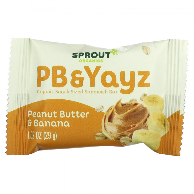 Sprout Organics, PB & Yayz, органический сэндвич-батончик для снеков, арахисовое масло и банан, 5 батончиков, 29 г (1,02 унции) Sprout Organics, PB & Yayz, органический сэндвич-батончик для снеков, арахисовое масло и банан, 5 батончиков, 29 г (1,02 унции)