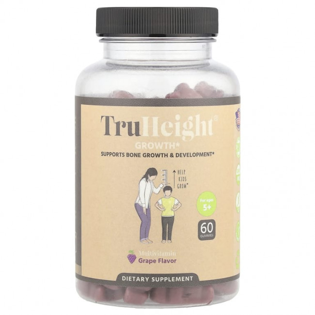 TruHeight, Growth Gummies, мультивитамины, для детей от 5 лет, с виноградом, 60 жевательных таблеток TruHeight, Growth Gummies, мультивитамины, для детей от 5 лет, с виноградом, 60 жевательных таблеток