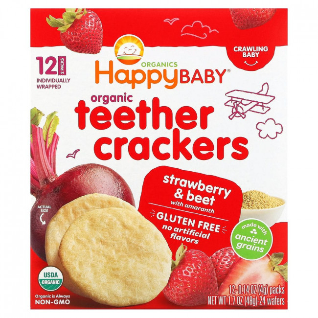 Happy Family Organics, органические крекеры для режущихся зубок, клубника и свекла с амарантом, 12 упаковок по 4 г (0,14 унции) Happy Family Organics, органические крекеры для режущихся зубок, клубника и свекла с амарантом, 12 упаковок по 4 г (0,14 унции)