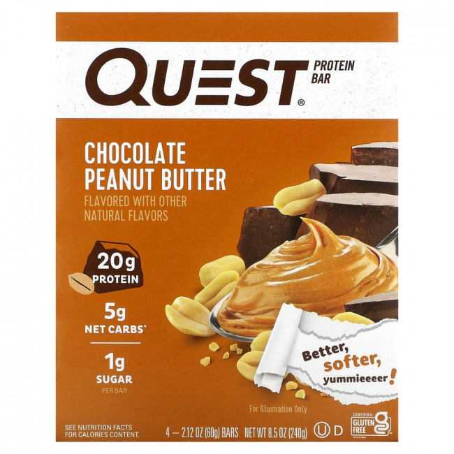 Quest Nutrition, Protein Bar, шоколадно-арахисовая паста, 4 батончика, 60 г (2,12 унции) Quest Nutrition, Protein Bar, шоколадно-арахисовая паста, 4 батончика, 60 г (2,12 унции)