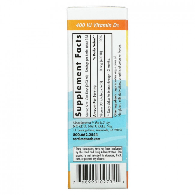 Nordic Naturals, витамин D3 в каплях, для детей, 400 МЕ, 11 мл (0,37 жидк. унции) Nordic Naturals, витамин D3 в каплях, для детей, 400 МЕ, 11 мл (0,37 жидк. унции)