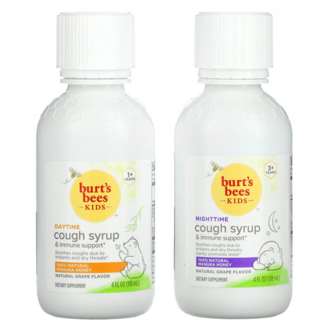 Burt's Bees, Kids, Сироп от кашля днем / ночью и поддержка иммунитета, комбинированная упаковка, натуральный виноград, 2 упаковки, 4 жидких унции (118 мл) каждая Burt's Bees, Kids, Сироп от кашля днем / ночью и поддержка иммунитета, комбинированная упаковка, натуральный виноград, 2 упаковки, 4 жидких унции (118 мл) каждая