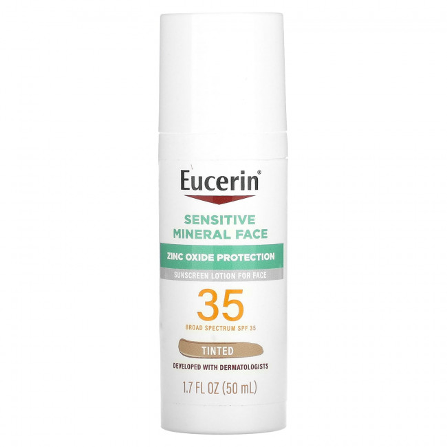 Eucerin, Минеральный солнцезащитный лосьон для чувствительной кожи, с SPF 35, тонирующий, 50 мл (1,7 жидк. Унции) Eucerin, Минеральный солнцезащитный лосьон для чувствительной кожи, с SPF 35, тонирующий, 50 мл (1,7 жидк. Унции)