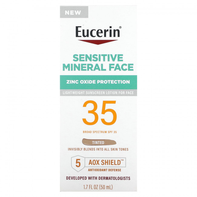 Eucerin, Минеральный солнцезащитный лосьон для чувствительной кожи, с SPF 35, тонирующий, 50 мл (1,7 жидк. Унции) Eucerin, Минеральный солнцезащитный лосьон для чувствительной кожи, с SPF 35, тонирующий, 50 мл (1,7 жидк. Унции)