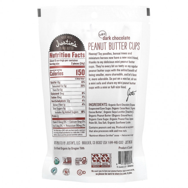 Justin's Nut Butter, органический темный шоколад в мини-печенье, с арахисовой пастой, 133 г (4,7 унции) Justin's Nut Butter, органический темный шоколад в мини-печенье, с арахисовой пастой, 133 г (4,7 унции)
